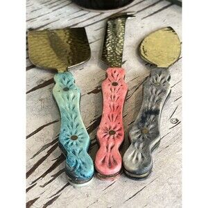 Vintage Anthropologie Hammered Ornate Brass Metal & Bone Cheese Knives Set Of 3